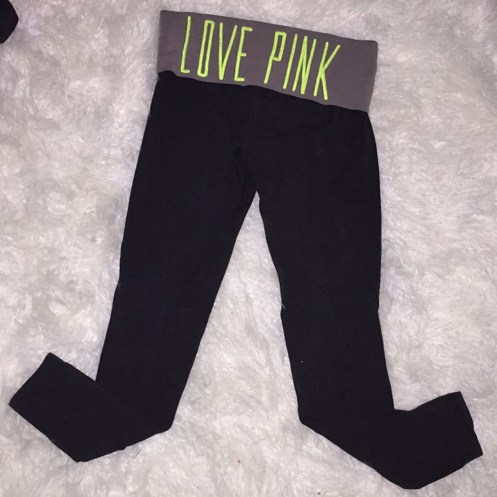 VS PINK Leggings Neon Yellow and Grey Band